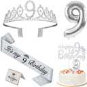 9th Birthday Decorations for Girls Silver with 9th Birthday Sash and Tiara, Cake Topper and Candle, Silver Number Balloon, 9 Year Old Gifts for Girls