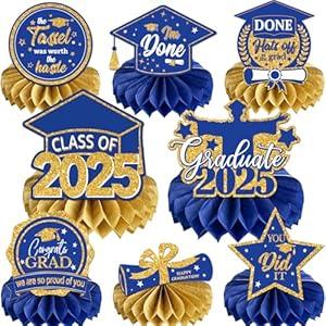 PATIAI 8PCS Black and Gold Graduation Party Decorations Class of 2025 Congrats Grad Honeycomb Centerpieces Black Congratulate Table Toppers for Party Favor Supplies 