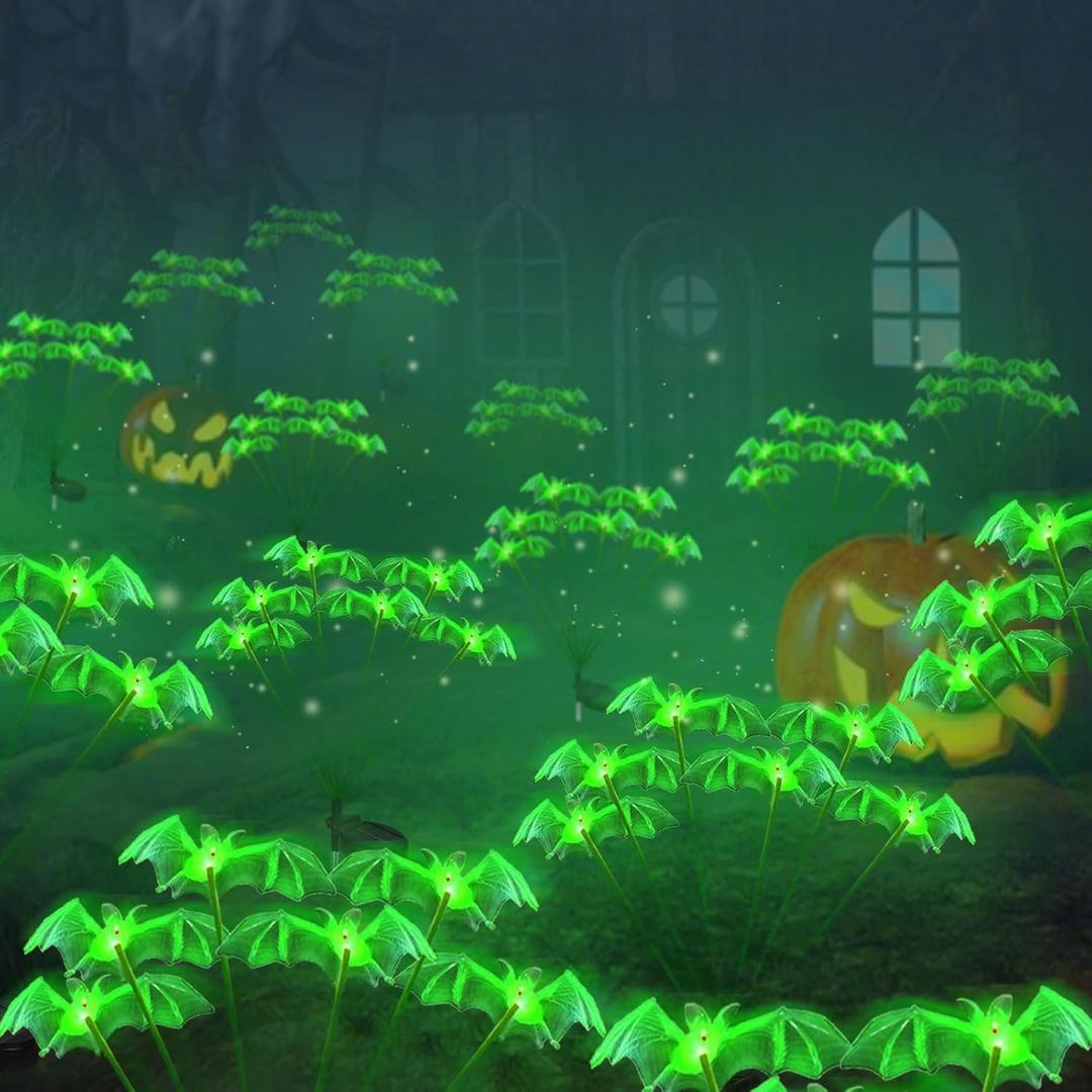 2Pack Solar Bat Garden Lights for Halloween Decorations outdoor,12LED 3D Scary Light up Flying Bats Outside Decor, Solar Bats Path Lights for Home Garden Porch Yard Lawn Halloween Party Gifts Decor