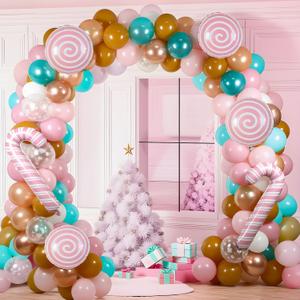 Christmas Gingerbread Balloon Arch Garland Kit, Xmas Pink Green Balloons with Foil Balloons for Christmas Party Decorations Xmas New Year Birthday Party Supplies
