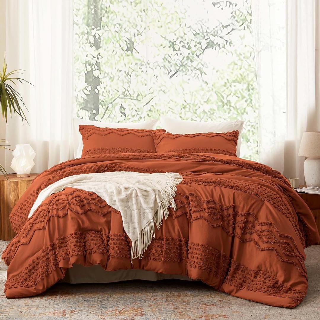 Luxudecor Terracotta Boho Tufted Comforter Set Full Size 3 Pieces Boho Shabby Chic Comforter Farmhouse Embroidery Bedding Set Soft Comforter for All Seasons (Terracotta, 80''x90'')