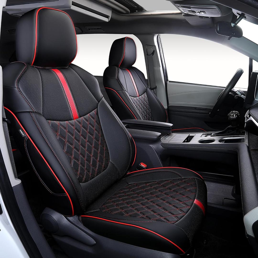 Custom Fit Sienna Seat Covers for 2021-2026 Toyota Sienna 7-Passenger XLE XSE Woodland Limited Platinum [Ottoman Not Covered], Waterproof Faux Leather Full Set Airbag Compatible (Black+Red)
