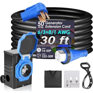 Seeutek 50 Amp Generator Cord, 4 Prong 30 FT Generator Extension Cord with Pre-drilled Power Inlet Box & Interlock Kit, NEMA 14-50P/SS2-50P Functional Cable, High Conductivity, ETL Listed, 
Black+Blue 50amp