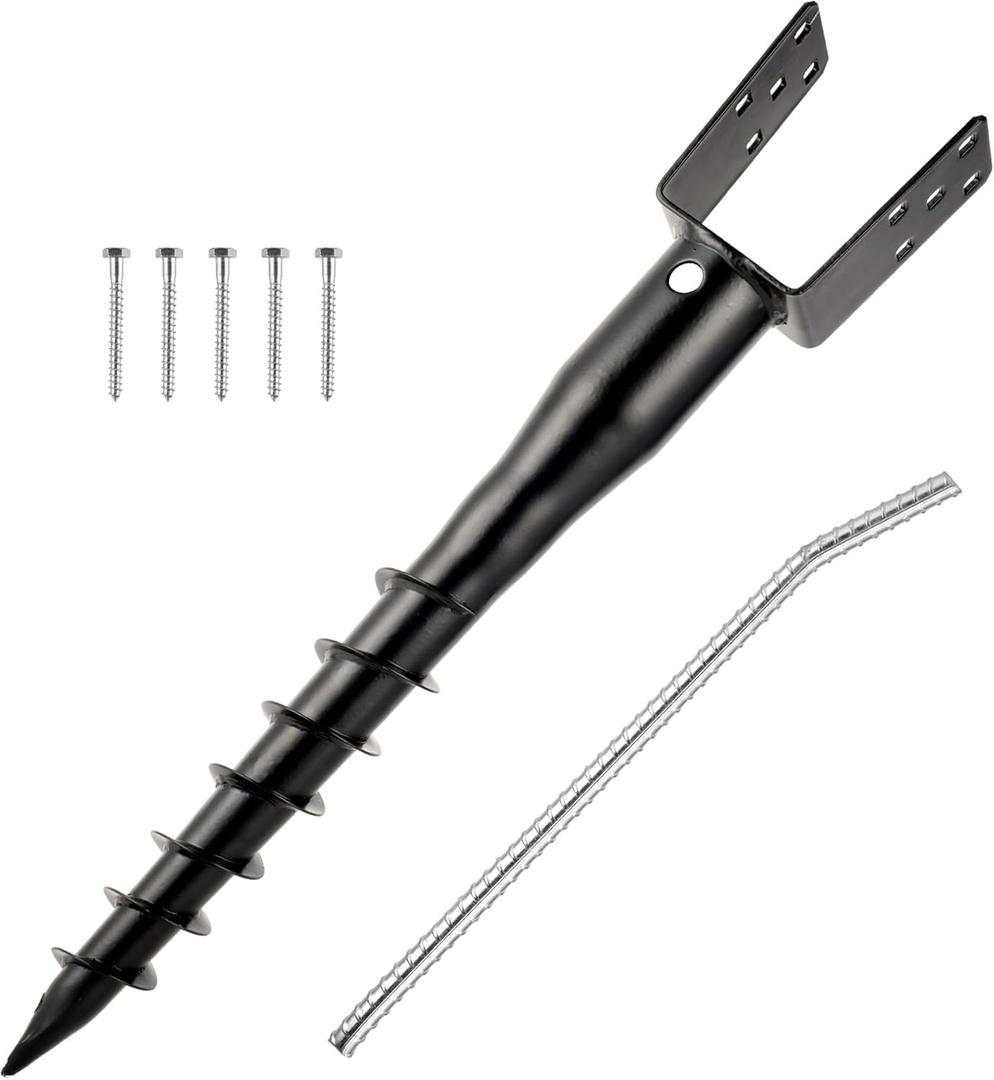 No Dig Ground Screw Anchor - Black U Shaped Post Stake for 4x4 Wood Posts, Includes Lag Bolts & 27" Rebar, for Mailbox Posts and Fence Posts Anchor, 1 Pack