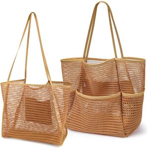 2 Pcs Mesh Beach Bags, 2 Sizes Causal Beach Bags for Women, Beach Tote Bag with Mini Pocket, Pool Bag for Travel (Khaki)