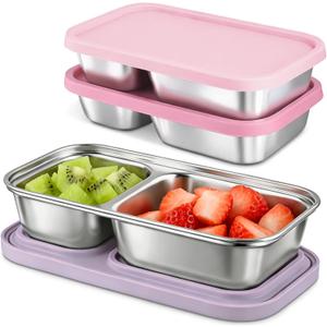 3 Pack Stainless Steel Snack Containers with Silicone Lids, 2-Compartment Snack Containers for Lunch, Office, Travel & Camping (Muted Lilac, Blush Pink, Dusty Rose)