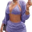MOEENCN Women Sweatsuits Sets 3 Piece Outfits, Velvet Tracksuit Long Sleeve Hooded Zipper Jacket and Velvet Shorts Send Bra (Medium, Taro Purple)