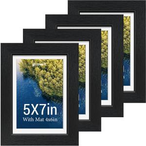 5x7 Picture Frame Set - 4 Pack, Black Wood Photo Frames - Tempered Glass - Displays Photos 4x6 with Mat or 5 x 7 without - Room, Office, Gallery, Studio, and Hallway Decor - Wall Hanging