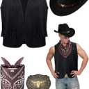 Toulite 4 Pcs Western Outfits for Men Cowboy Tassel Vest Hat Belt Buckle Paisley Bandana for Halloween Cosplay (Small, Black,black,coffee)