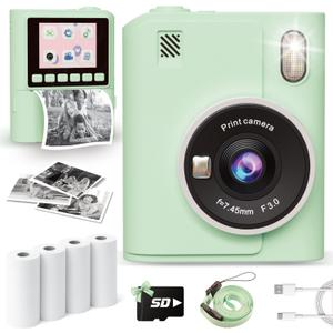Instant Print Camera for Kids, 1080P Instant Digital Print Cameras for Toddler, Portable Toy for 4 5 6 7 8 9 10 Year Old Girl, Christmas Birthday Gifts for Girls Boys with SD Card Green