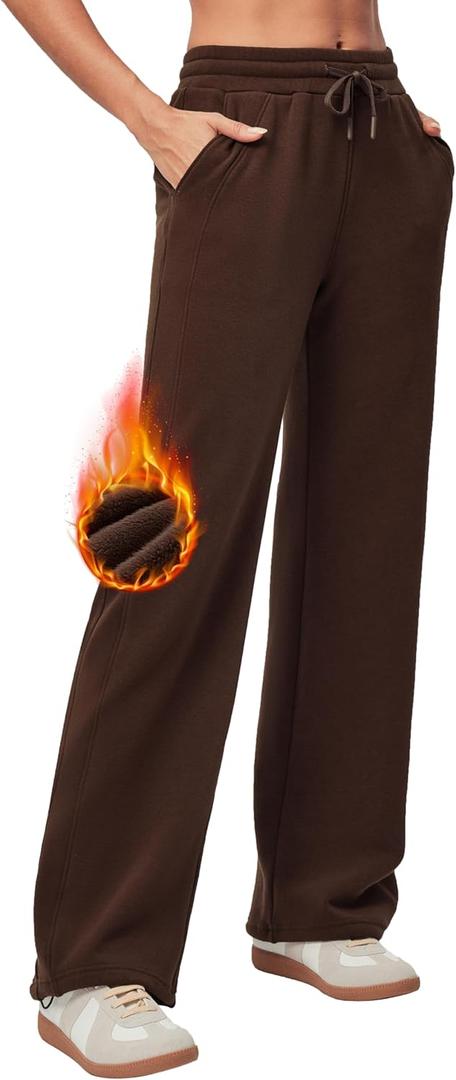 Heathyoga Fleece Lined Wide Leg Sweatpants Women Baggy High Waisted Flare Sweat Pants for Women Joggers with Pockets (Brown)