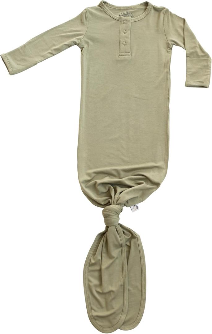 UPTON AVE Knotted Gown Baby Newborn, Viscose derived from Bamboo, Infant Sleeper with Mittens, Baby Girl, Baby Boy, (Olive)