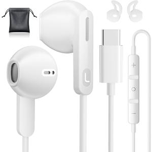 USB C Headphones Type C Earbuds for iPhone 15/16 Pro/ 15 Pro Max/Samsung S25 Headphones with Microphone Noise Isolation Stereo Wired Earphones for Samsung Galaxy S24 S23 S22 Pixel 9 8a Android (White)