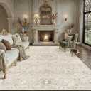 9x12 Beige Cream Washable Area Rug for Living Room Bedroom Neutral Floral Soft Low Pile Lightweight Throw Rug Non Slip Distressed Carpet Dining Room Nursery Classroom Playroom Home Decor
