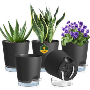 Meowell 4 inch Self Watering Pots for Indoor Plants, 5 Pack Small Flower Plant Pots with Drainage Holes and Clear Reservoirs, Visible Water Level, Plastic Planters with Wicking Rope, Black