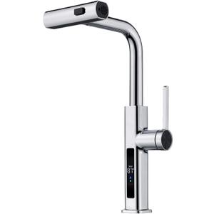 Lefton Pull-Out Waterfall Kitchen Faucet with Temperature Display, Two Water Outlet Modes, Single Hole, Chrome, KF2209-1