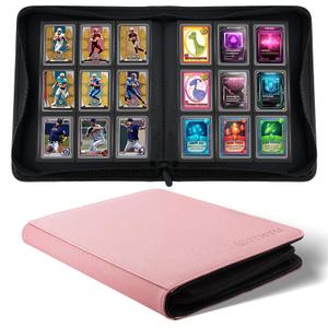 WITHYU Toploader Binder 9 Pocket, Holds 288 Cards for 3" x 4" Rigid Cards, PU Leather Zipper Ringless Trading Card Album for TCG, MTG & Sports Card Storage, Suitable for Collectors and Gifting, Pink