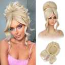 REECHO Messy Bun Hair Piece with Bangs  2-in-1 Drawstring Ponytail Extension Updo Wig & Hair Topper with Long Side Bangs, Natural-Looking Hair Bun Hairpieces for Women - Light Blonde