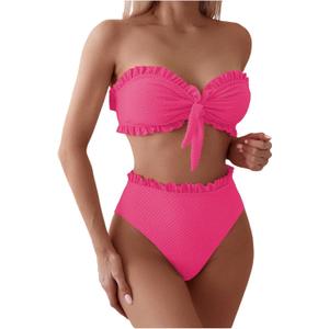 SOLY HUX Women's Ruffle Strapless Bikini Set 2 Piece Bandeau Swimsuit High Waist Bathing Suits (Plain Hot Pink), Large