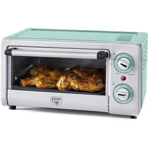 GreenLife Countertop Toaster Oven Air Fryer Stainless Steel, Healthy Ceramic Nonstick, PFAS and PFOA-Free, Tray & Basket, Bake, Broil, Reheat, Adjustable Temp & Time Control, Auto Shutoff, Turquoise