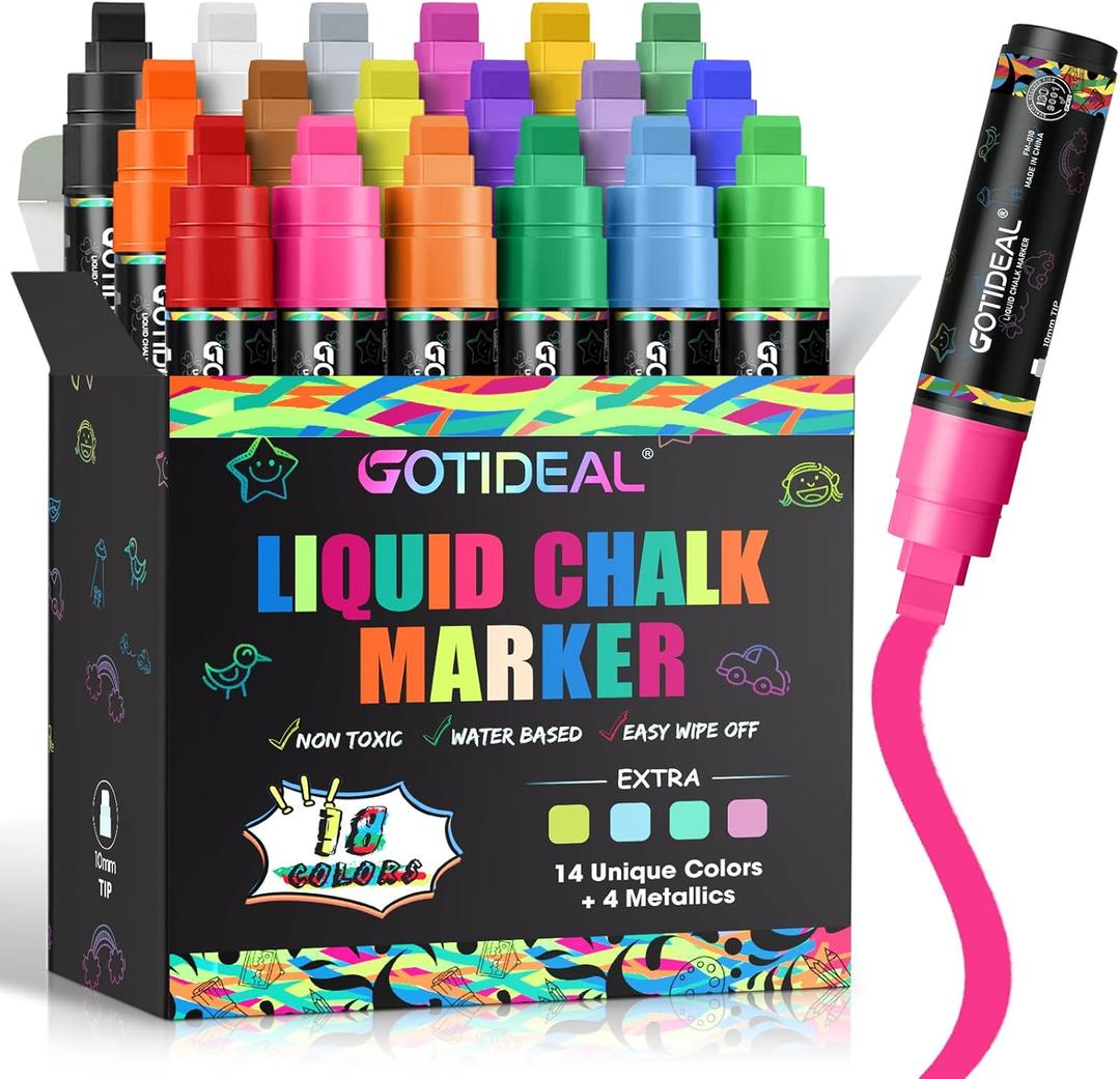 GOTIDEAL Window Markers for Glass Washable,Jumbo Chalk Markers for Blackboard,Car Marker for Auto,Chalkboard,Mirror,Calendar,School Painting,18 Colors Car Paint Marker with Metallic Colors(10mm)