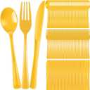 300 Pcs Plastic Silverware Heavy Duty Cutlery Set Plastic Utensils Set Includes 100 Disposable Spoons 100 Forks Knives for Parties Catering Family Gathering (Yellow)