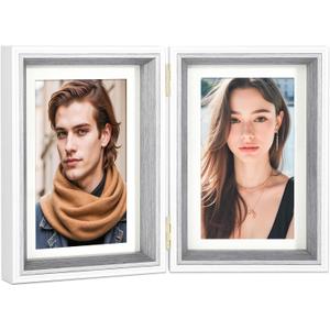Double Hinged 5x7 Picture Frame with Real Glass in WhiteGrey- Display 4x6 with Mat or 5x7 without Mat, Foldable Photo Frame for Tabletop, Nice Gift for Family & Wedding Memories(PS006-GYX7)