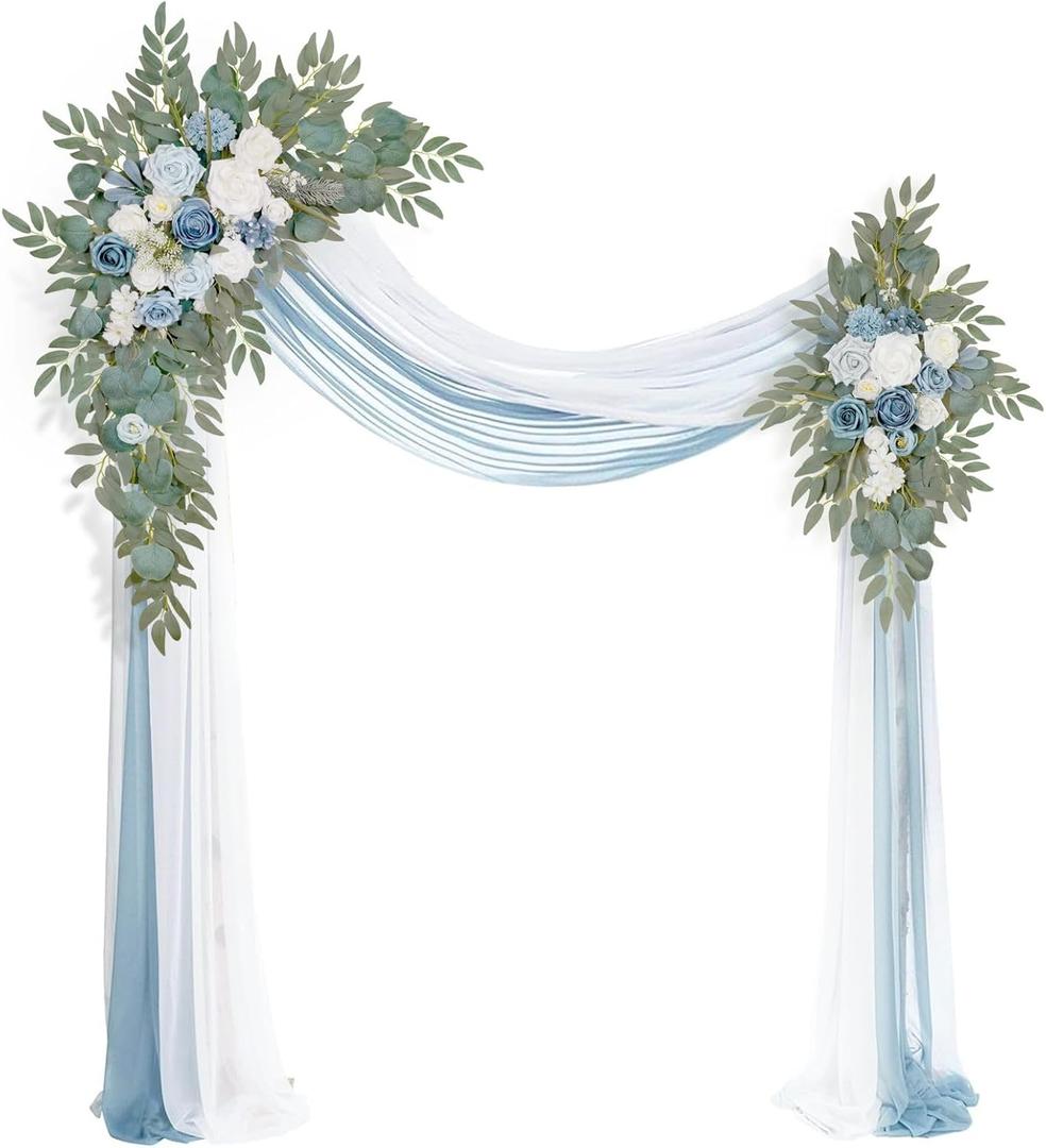 Artificial Arch Flowers Kit (Pack of 4), 2Pcs Artificial Flower Arch Decor, 2Pcs Drapes, Ceremony and Reception Background Rose Decoration, Grayish Blue Floral Outdoor Party Decor