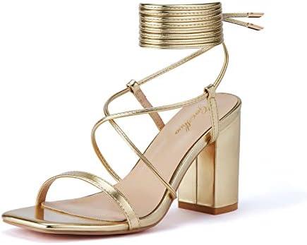 GENSHUO Square Toe Sandals Women Lace up Chunky High Heels Strappy Sandals Block Heeled Ankle Wrap Homecoming Wedding Dress Shoes Gold Size 8,5