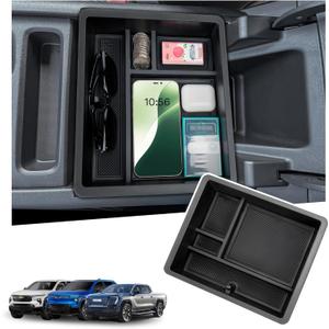 Rear Center Console Organizer Compatible with 2024-2026 Chevy Silverado EV Work Truck (WT)/RST First Edition/LT, 2024-2026 GMC Sierra EV Accessories, Armrest Storage Box Tray with Sunglasses