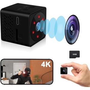 Spy Camera WiFi or No WiFi Optional, 4K Mini Security Camera with 32GB Memory Card, Indoor Cameras for Home Security, 160 Wide-Angle, Night Vision, Motion Detection, for Indoor Outdoor(Deep Black)