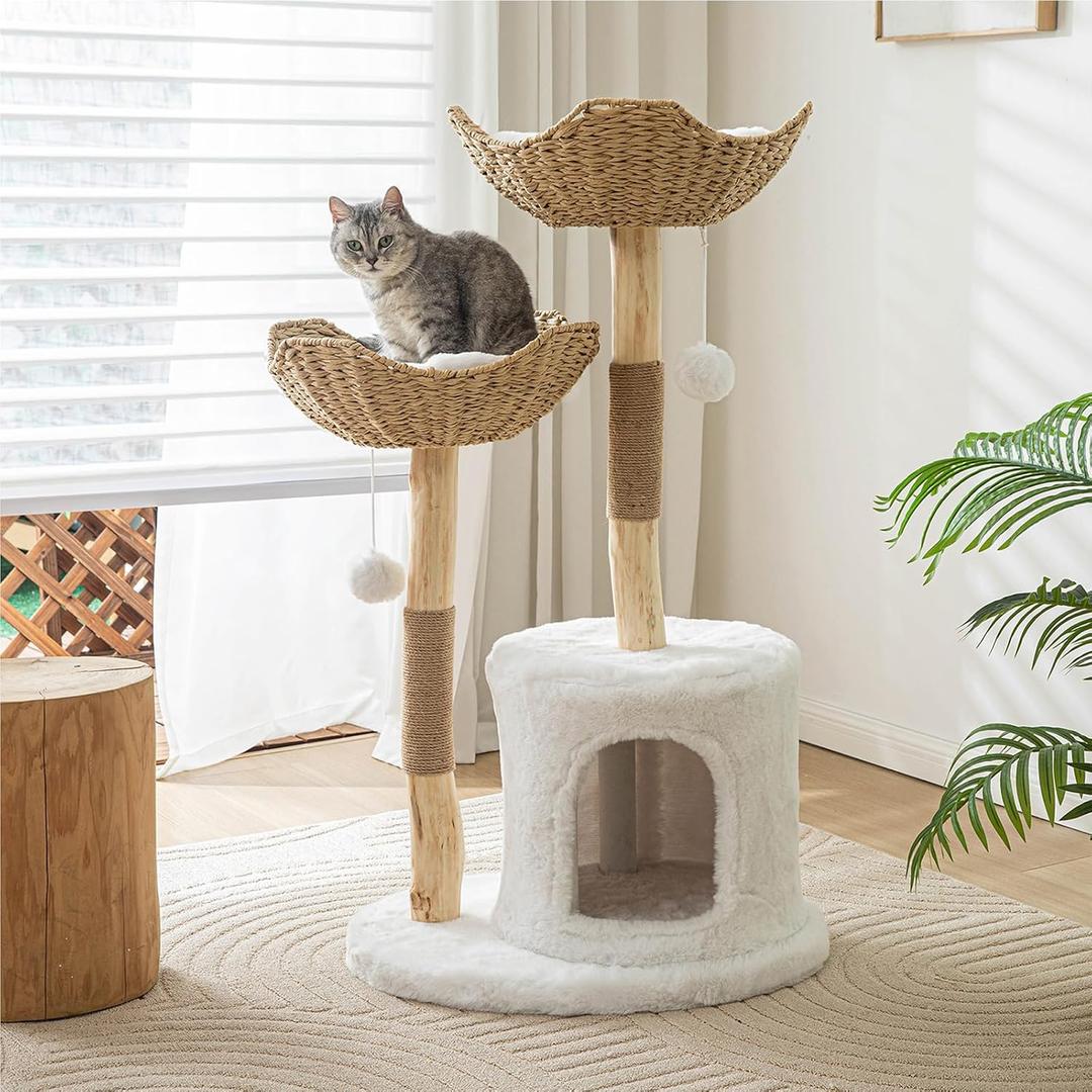 Modern Cat Tree for Indoor Cats Large Adult, 46.5" Tall Wooden Cat Tower for Large Cats with Scratching Post, Luxury Cat Condo, White