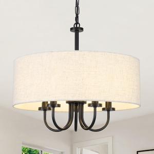 Drum Chandelier 5 Light 19" Dining Room Chandeliers Modern Black Farmhouse Chandelier White Linen Drum Shade Pendant Light Fixture for Living Room Bedroom Hallway