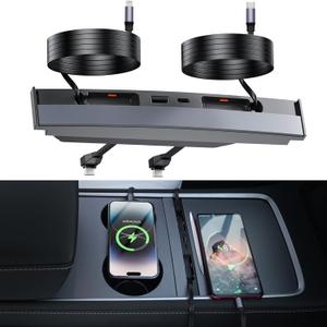 USB Hub for Tesla Model 3/Y 2021-2025, Fast Charger 4-in-1 Center Console Docking Station with Retractable Cable for Tesla Interior Accessorie (Not fit Model 3 2024 2025)