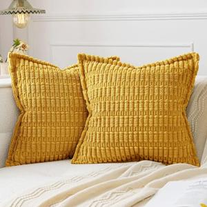 MIULEE Mustard Yellow Corduroy Decorative Throw Pillow Covers Pack of 2 Soft Striped Pillows Pillowcases with Broad Edge Spring Winter Modern Boho Home Decor for Couch Sofa Bed 18x18 Inch
