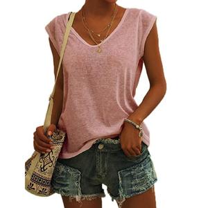 SOUWINEMYI Womens Cap Sleeve T Shirts V Neck Casual Tops Oversized T-Shirt Summer Trendy Lightweight Loose Fit Basic Tees (Pink, M)