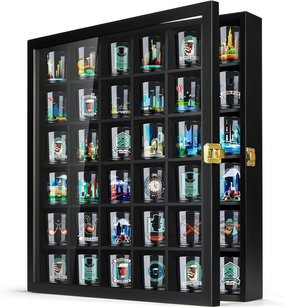 TJ.MOREE Shot Glass Display Case 36 Slots Glass Display Holder Wall Mounted with Lockable Door, Black