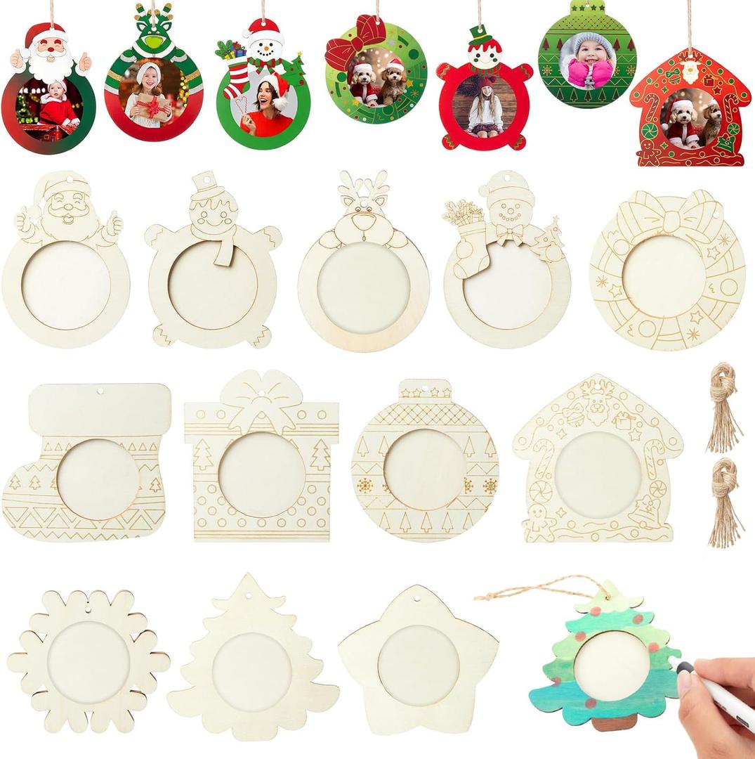 Thyle 12 Sets Christmas Picture Frame Craft Kits DIY Assortment Wooden Ornaments Bulk Xmas Tree Hanging Photo Frames for Christmas Party Winter Activities Home Decorations Gifts