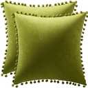 DEZENE Couch Pillow Cases 16x16 Chartreuse: 2 Pack Cozy Soft Pom-poms Velvet Square Throw Pillow Covers for Farmhouse Home Decor (16" x 16" (Pack of 2))