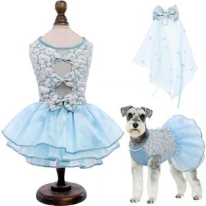 ASENKU Dog Dress, Dog Wedding Dress, Pet Lace Princess Dress with Bows for Wedding Birthday Party, Puppy Formal Apparel with Pearl Necklace for Medium Large Dogs (Blue, Large)
