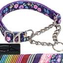 Martingale Dog Collar with Steel Chain, Adjustable Reflective Nylon & Soft Padded - for Medium, Large, XL, XXL Dogs for Training,Walking Pet Collar (Purple Flowers M) (M(Neck12"-17"), 3)