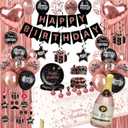 Rose Gold and Black Birthday Decorations - Party Supplies Kit with Tablecloth, Paper Plates, Photo Props, Champagne Foil Balloon, Fringe Curtains, Cake Topper and Banner for Women 18th 21st 30th 40th