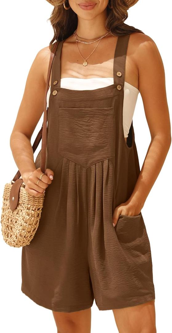 GRECERELLE Jumpsuits For Women Summer Short Overalls Casual Sleeveless Adjustable Loose Women's Rompers with Pockets 2026 (X-Large, Brown)