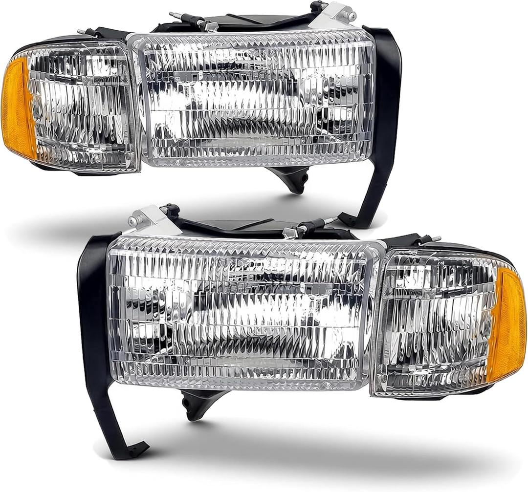 APSVE Headlights Assembly compatible with 1994-2001 Dodge Ram 1500,94-02 RAM 2500 3500,Fit Non-Sport Models Only, Headlamp w/Bulb & Corner Lights, Driver Passenger Side
