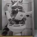 Raccoon Bathroom Canvas Wall Art Raccoon on Toilet Painting Funny Animal Bathroom Poster Black and White Animal Toilet Picture for Bath Restroom Framed 24x30 inch (30L" x 24W")