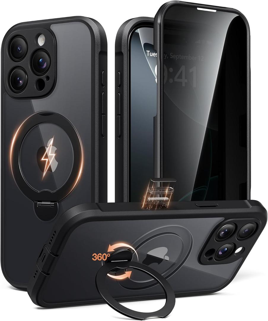 BERFY for iPhone 16 Pro Case, Compatible with MagSafe, Built in Privacy Screen Protector and 360 Spin Magnetic Stand, Anti-Spy Full Body Shockproof Clear Phone Case for 16 Pro 6.3", Black