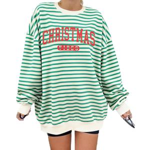 LUKYCILD Christmas Vibes Sweatshirt Women Merry Christmas Shirt Xmas Long Sleeve Shirt Winter Holiday Sweatshirts (Medium, Green-striped)