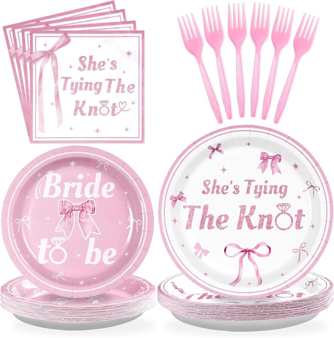 Grencian 96Pcs Pink Bow Bridal Shower Decorations Pink Bow Bride to Be Party Plates She's Tying The Knot Paper Tableware for Wedding Engagement Bride Groom Bachelorette Party Supplies, Serves 24