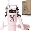 dabria Initial A-Z Water Bottle Bag with Phone Pocket for Stanley 40 oz Tumbler Neoprene Water Bottle Holder Pouch with Adjustable Strap Bollus with Straw Cover & Carabiner for Stanley Cup Accessories (Pink)