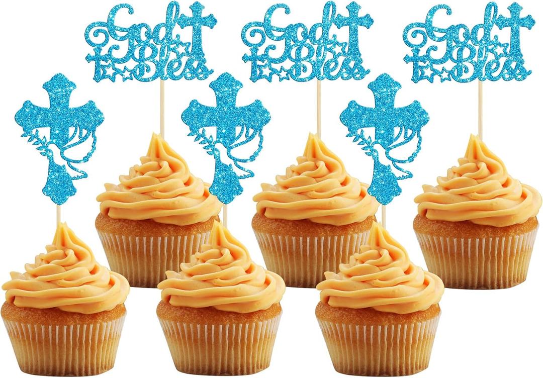 36Pcs God Bless and Cross Cupcake Toppers with Dove Glitter First Communion Baptism Cupcake Picks Decorations for Christian Baptism Theme Boys Girls Birthday Party Supplies Blue